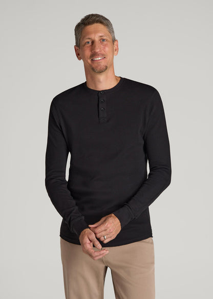 Double Honeycomb Thermal Long-Sleeve Henley Shirt for Tall Men in Black
