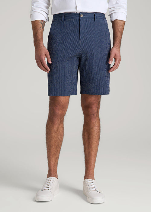 Seersucker Shorts for Tall Men in Navy and Off White Stripe