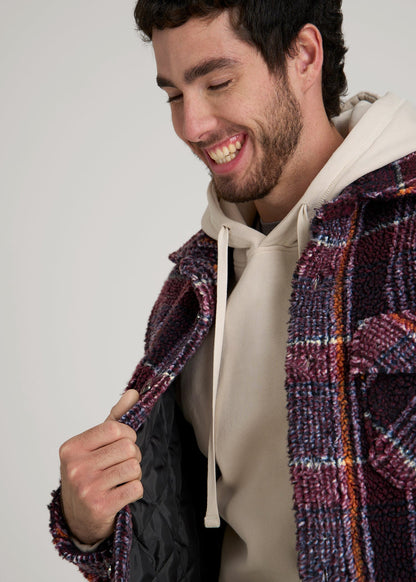 Sherpa Shirt Jacket for Tall Men in Burgundy and Navy Plaid