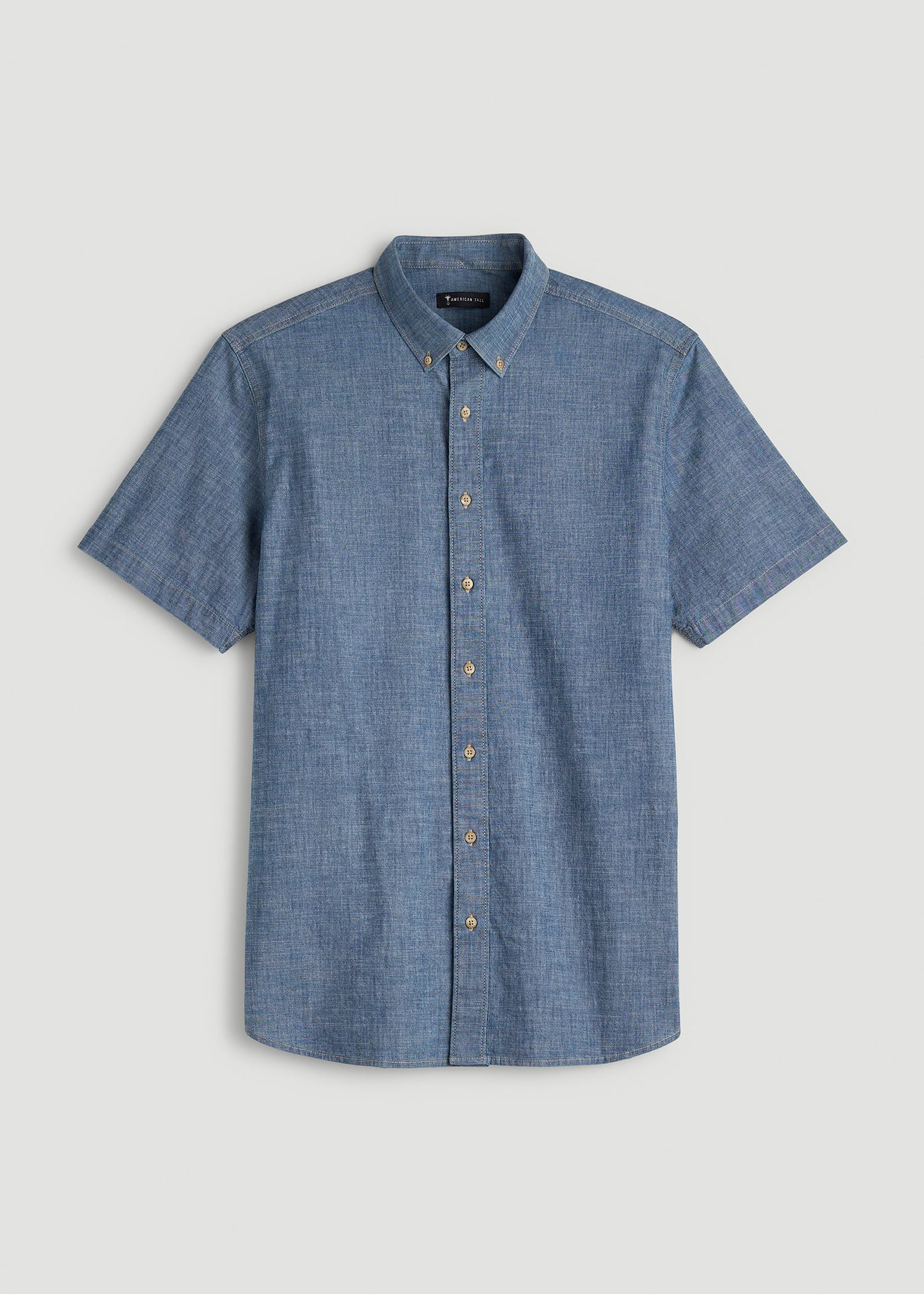 Short Sleeve Chambray Shirt for Tall Men in Mid Blue Chambray