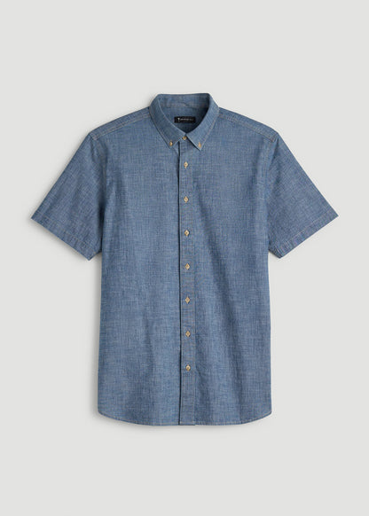 Short Sleeve Chambray Shirt for Tall Men in Mid Blue Chambray