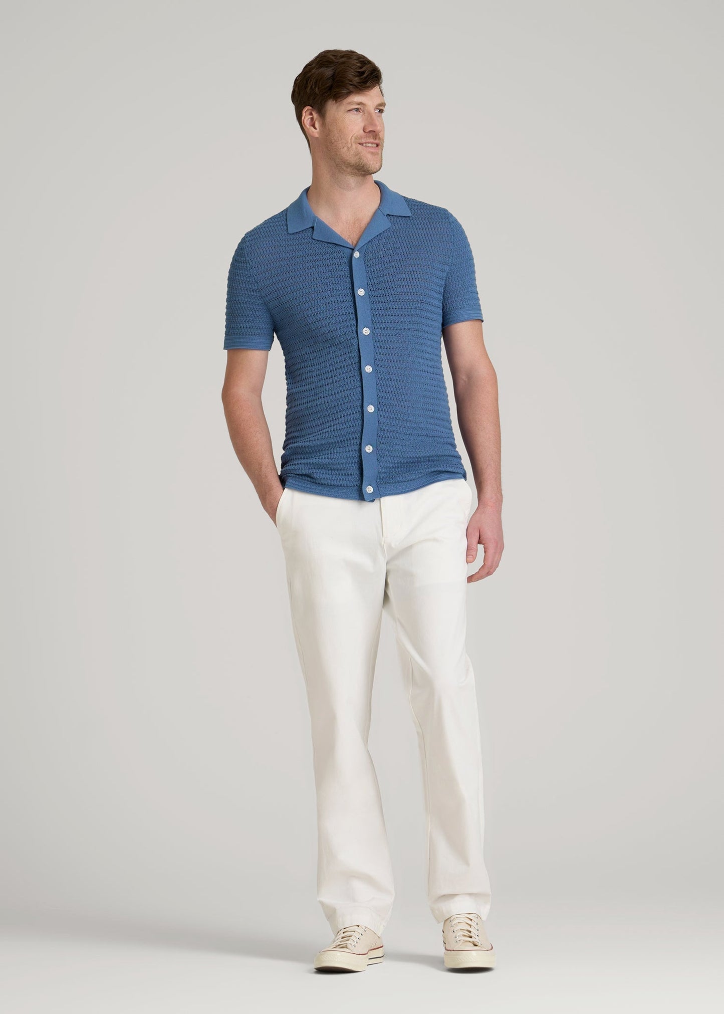 Short Sleeve Crochet Polo Cardigan for Tall Men in Deep Cobalt