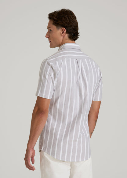 Short Sleeve Oxford Button Shirt For Tall Men in Bold Grey Stripe