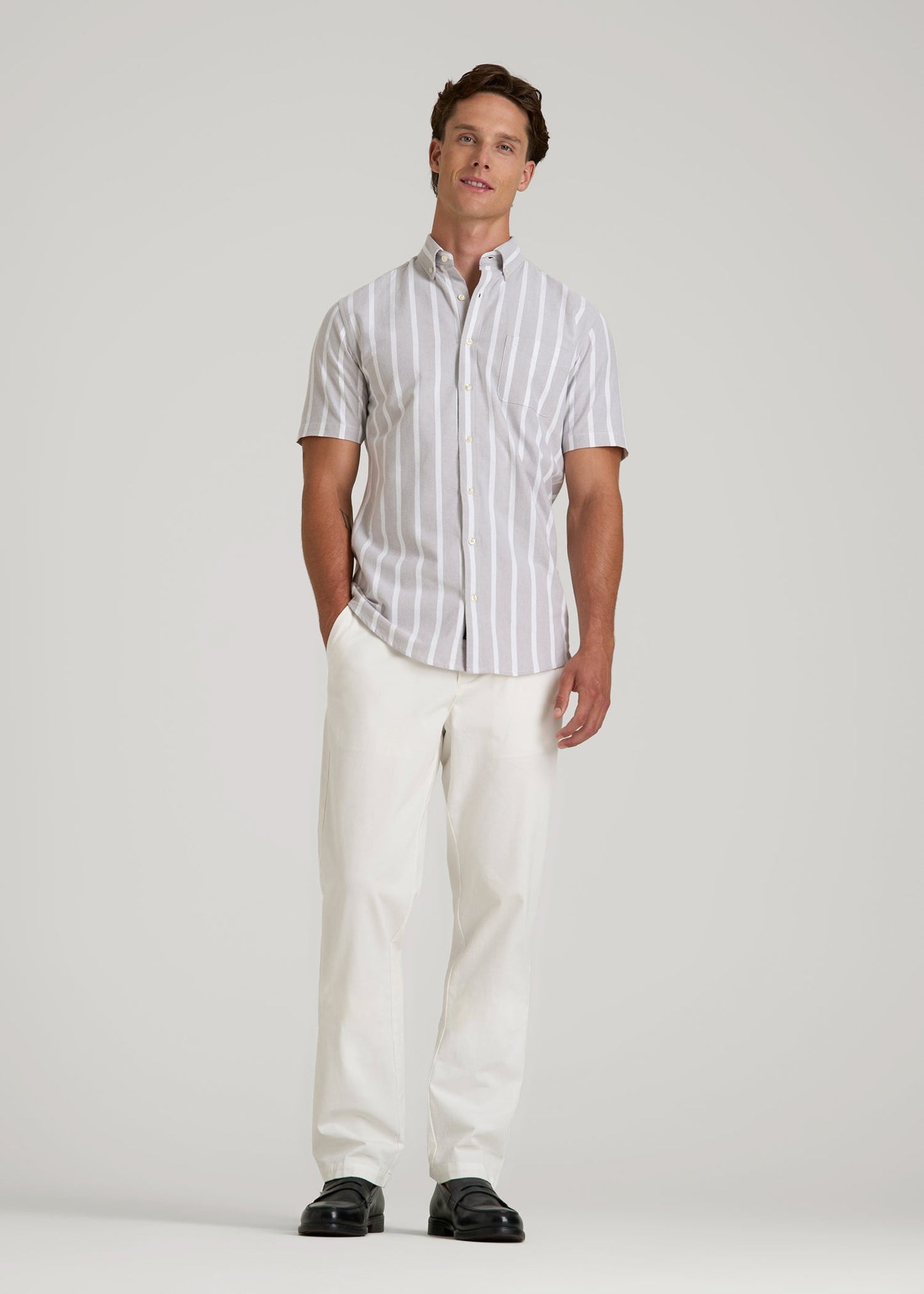 Short Sleeve Oxford Button Shirt For Tall Men in Bold Grey Stripe