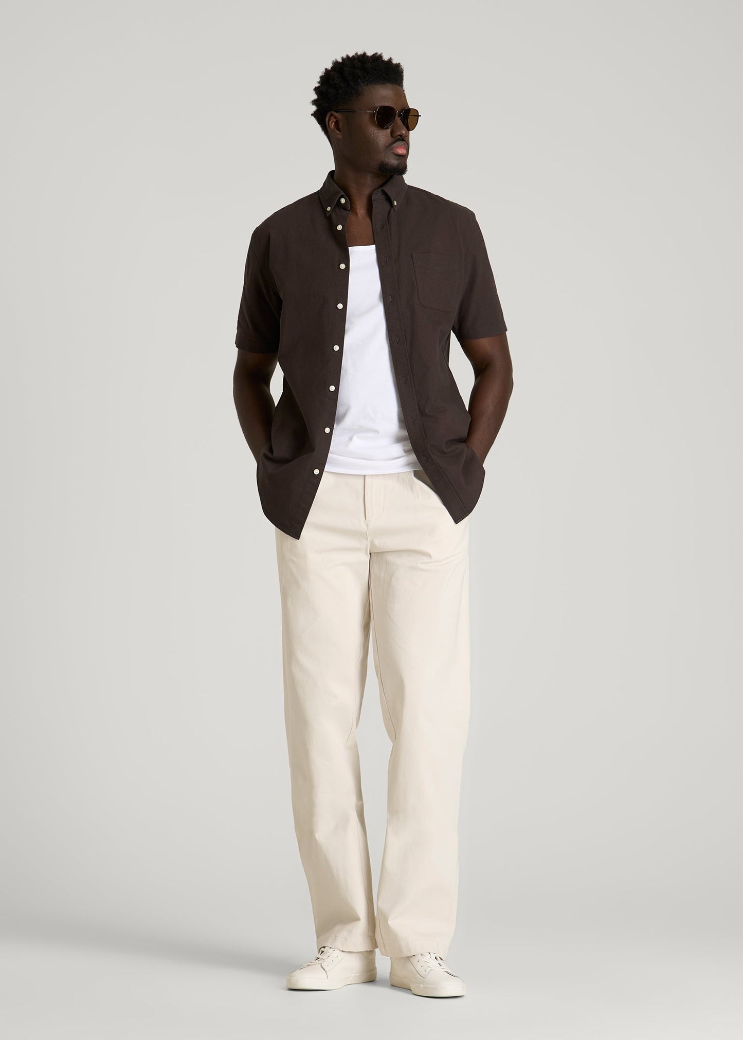 Short Sleeve Oxford Button Shirt for Tall Men in Espresso