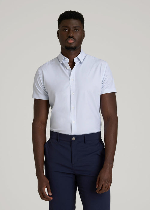 Short Sleeve Traveler Stretch Button Shirt for Tall Men in Light Grey Chevron