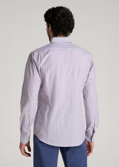 Soft-Wash Button-Up Shirt for Tall Men in Red and Blue Multi Stripe