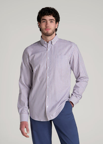 Soft-Wash Button-Up Shirt for Tall Men in Red and Blue Multi Stripe