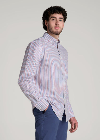Soft-Wash Button-Up Shirt for Tall Men in Red and Blue Multi Stripe