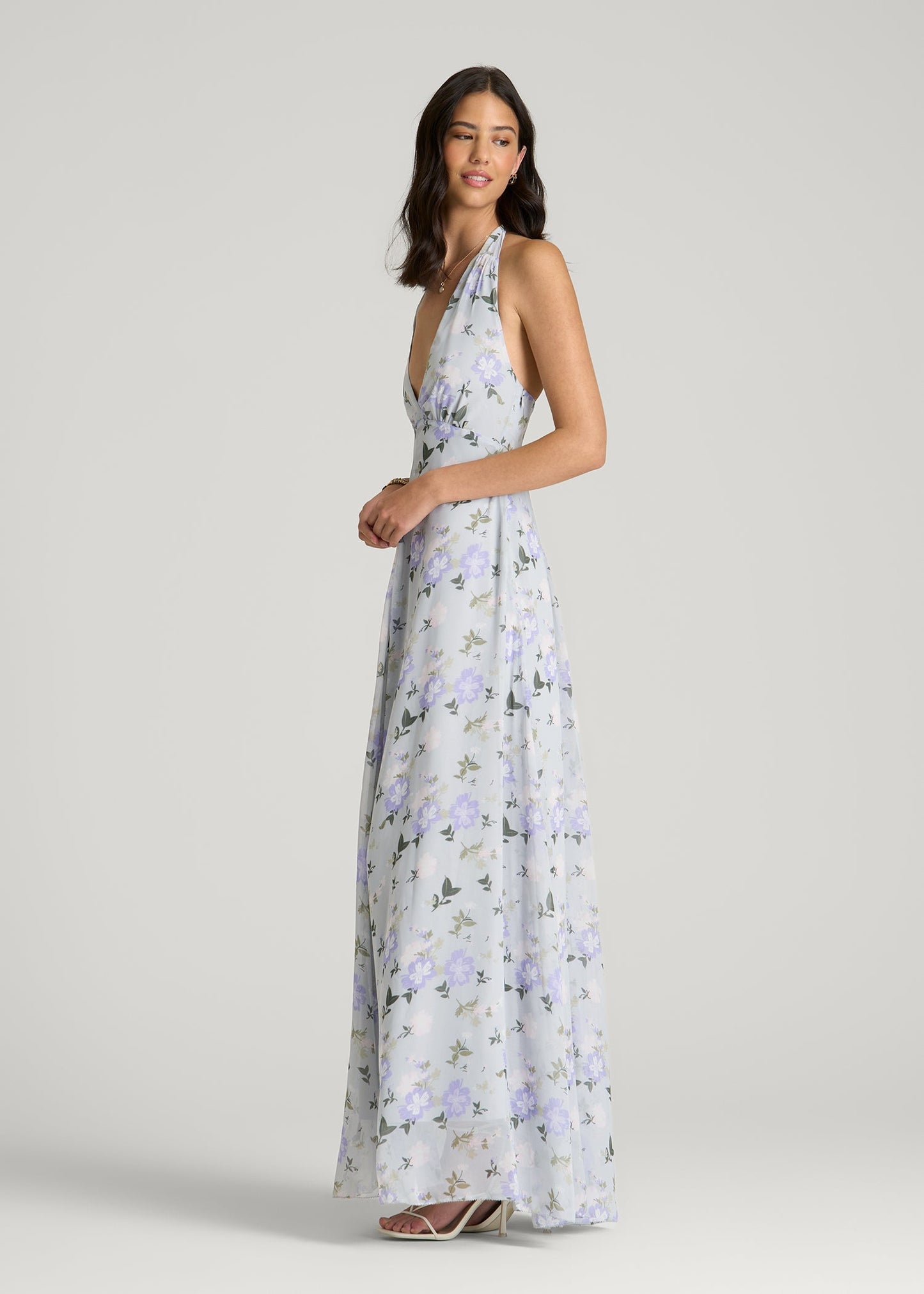 Chiffon Maxi Halter Garden Dress for Tall Women in Grey and Lilac Floral