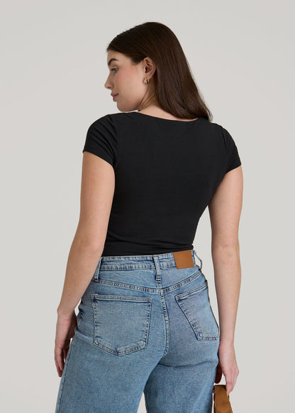 Cotton Blend Short Sleeve Square Neck Bodysuit for Tall Women in Black