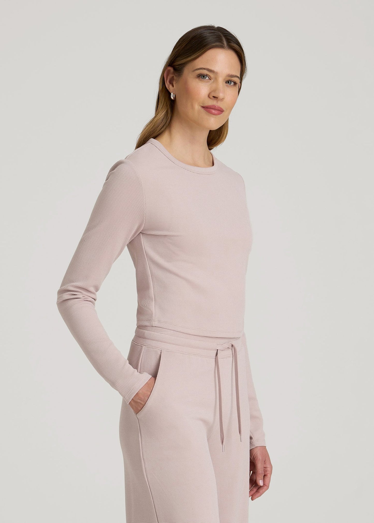 Cropped Long Sleeve Waffle Shirt for Tall Women in Desert Rose