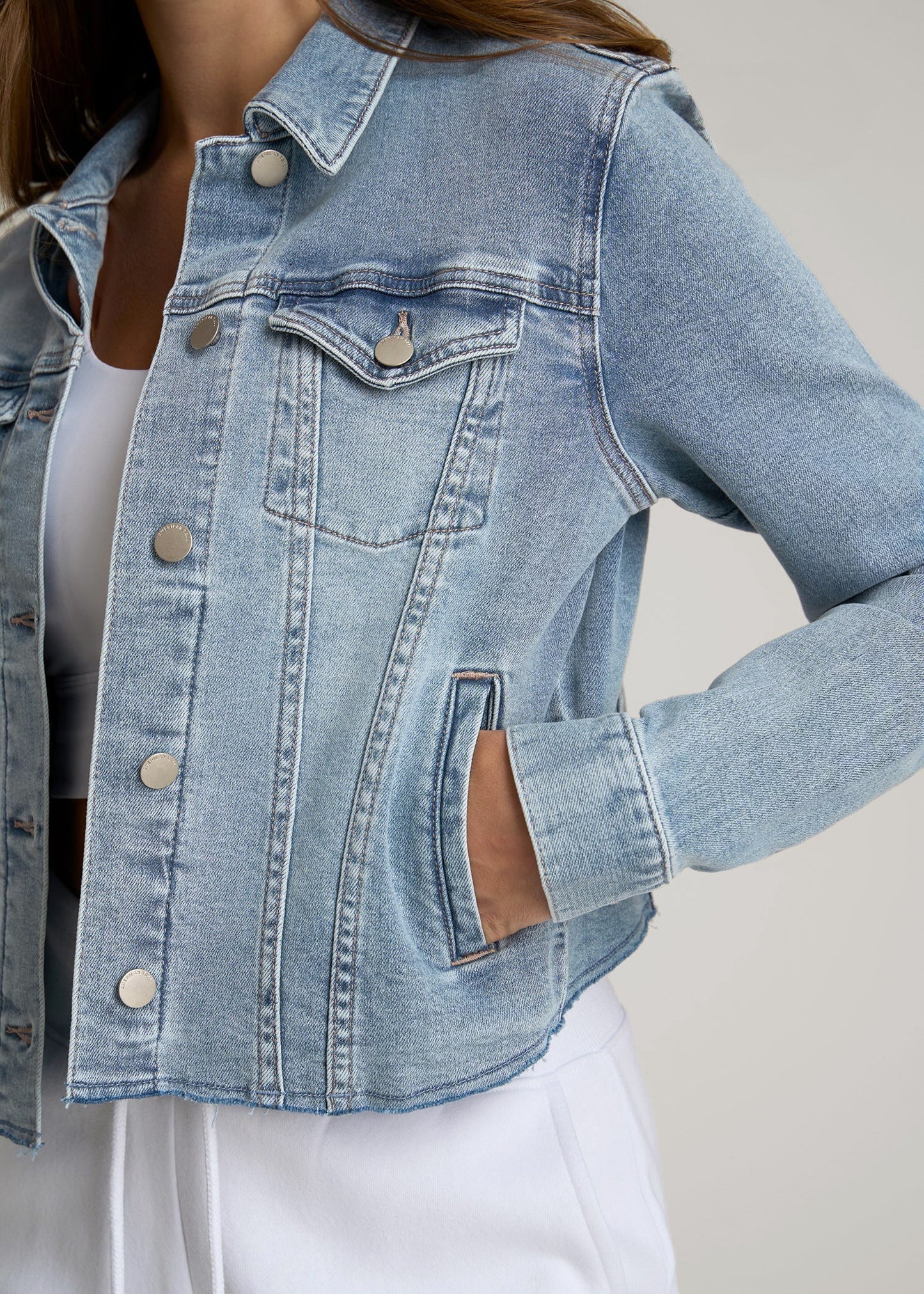 Cropped Stretch Denim Jacket for Tall Women in Perfect Blue