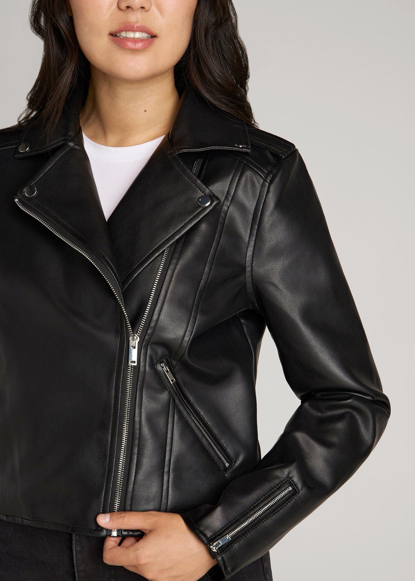 Cropped True Touch Leather Moto Jacket for Tall Women in Black