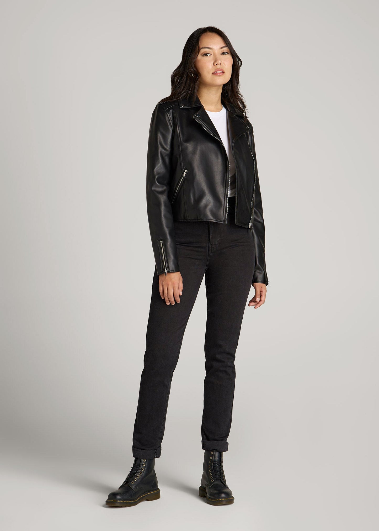 Cropped True Touch Leather Moto Jacket for Tall Women in Black