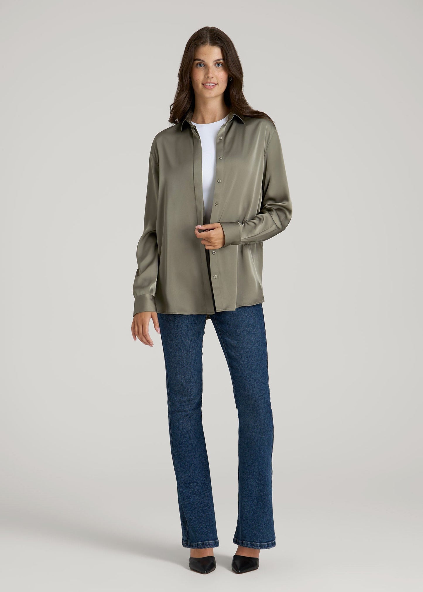 Relaxed Button-Up Blouse for Tall Women in Camper Green