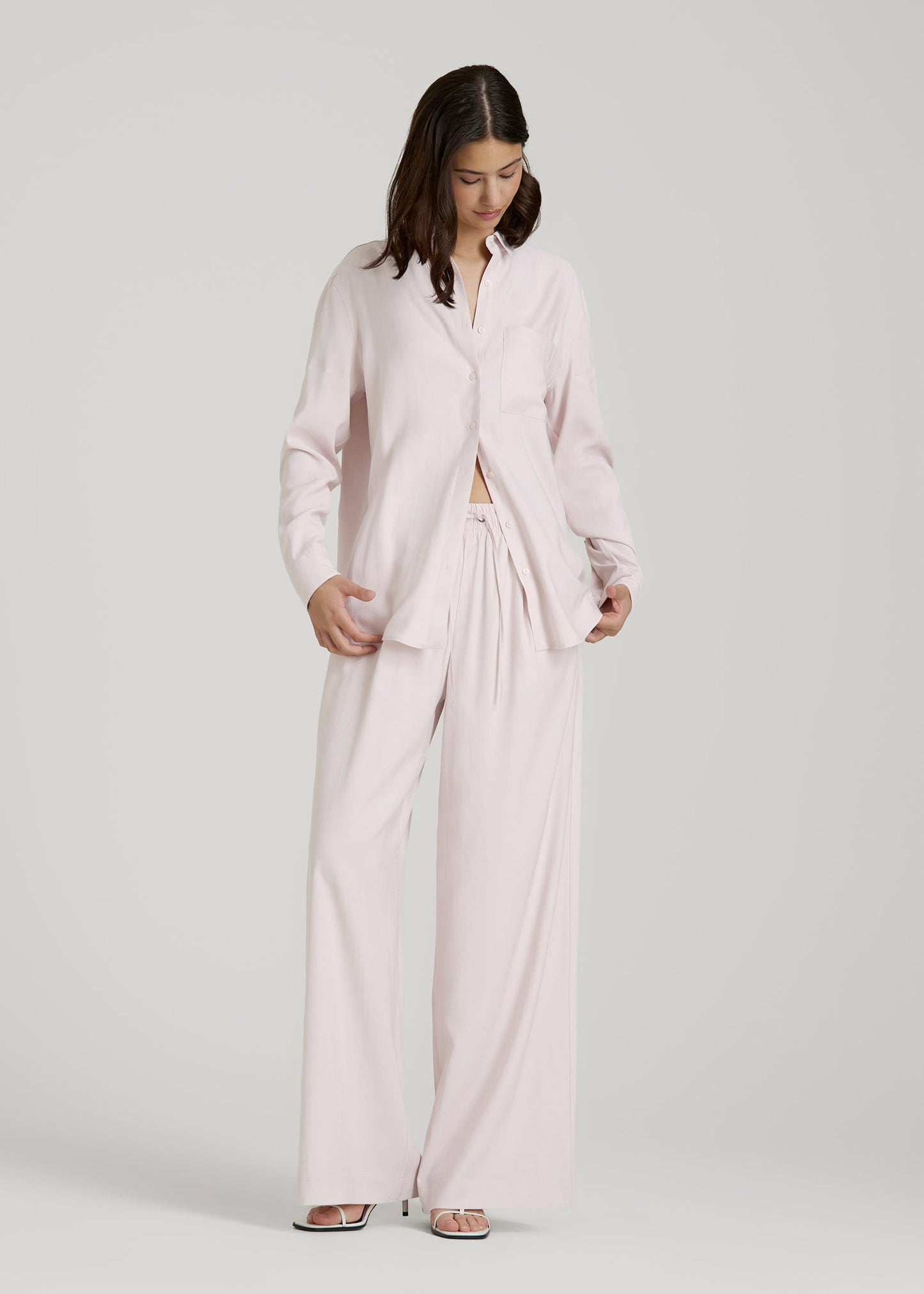 Relaxed Button-Up Single-Pocket Blouse for Tall Women in Grey Lilac