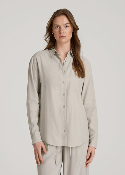 Relaxed Button-Up Single-Pocket Blouse for Tall Women in Stone