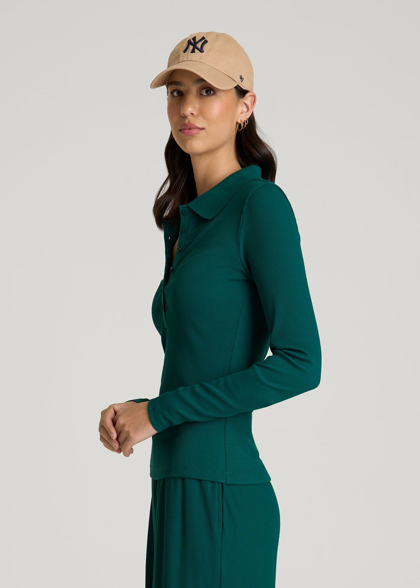 Ribbed Knit Long Sleeve Polo for Tall Women in Deep Teal