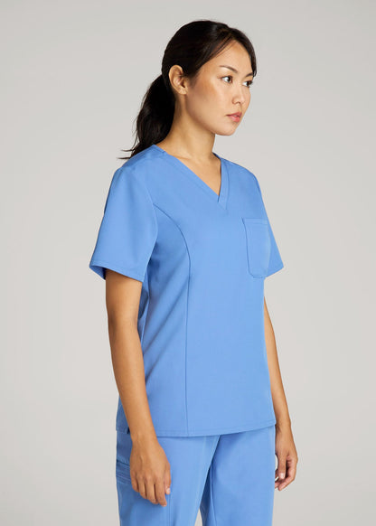 Short Sleeve V-Neck Scrub Top for Tall Women in Deep Sky Blue