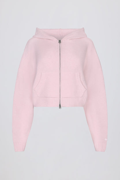 Soft Knit Zip-Up Cropped Hoodie in Soft Pink