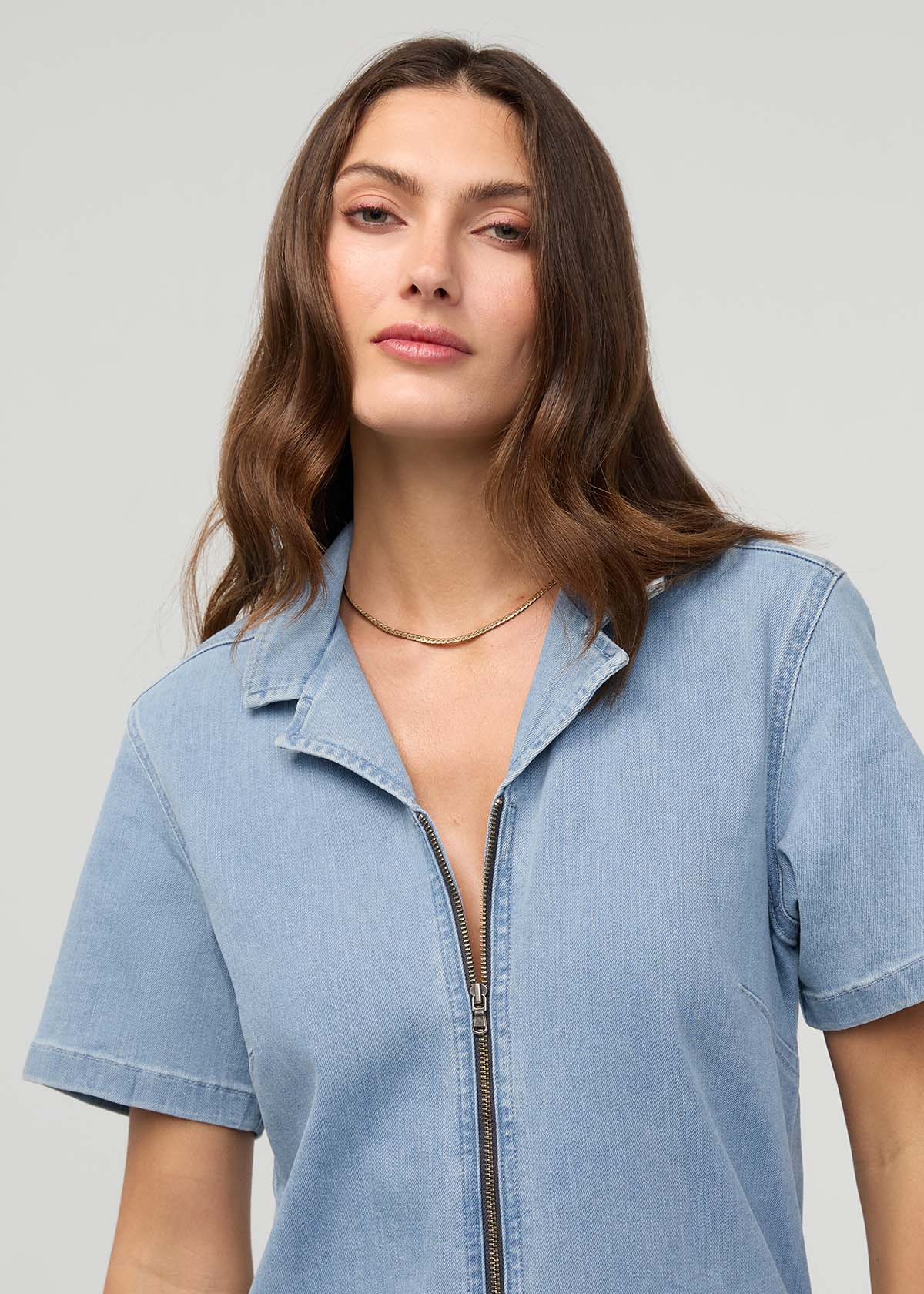Performance Denim Short Sleeve Jumpsuit - Desert Blue