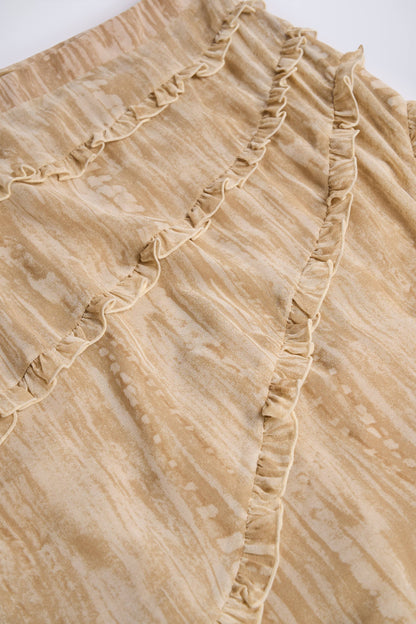 Ruffled Asymmetric Mid-Rise Maxi Skirt in Tan Print