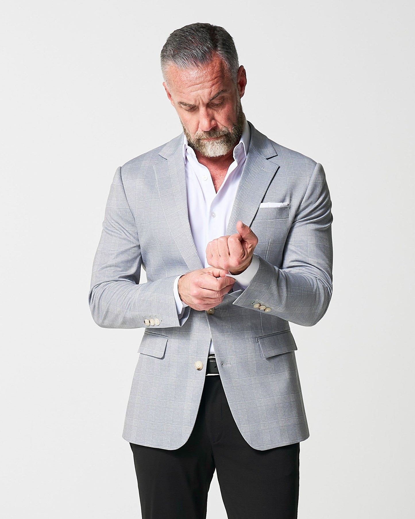 Athletic Fit Stretch Blazer - Ash Grey with White Plaid