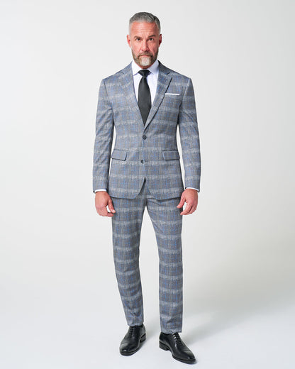 Athletic Fit Stretch Suit - Grey with Blue Plaid