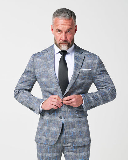 Athletic Fit Stretch Suit - Grey with Blue Plaid