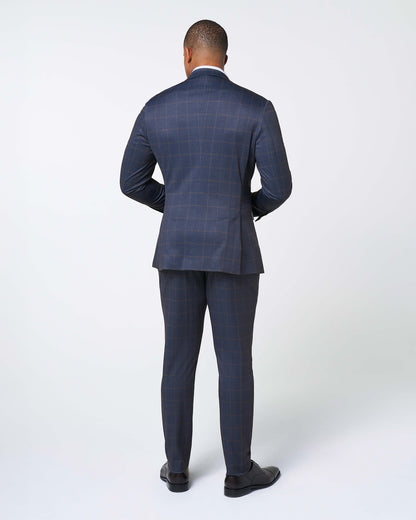 Athletic Fit Stretch Suit Pants - Navy & Brown Windowpane