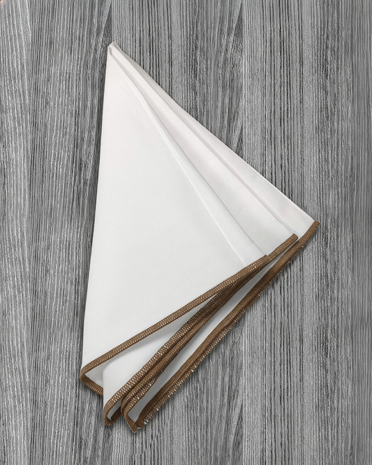 Pocket Square - White With Light Brown Edge Stitch