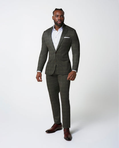 Athletic Fit Stretch Suit - Olive with White Windowpane