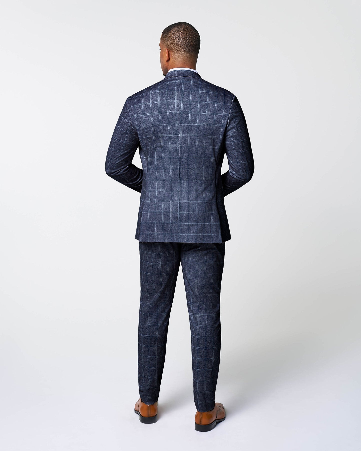 Athletic Fit Stretch Suit - Textured Navy with White Windowpane