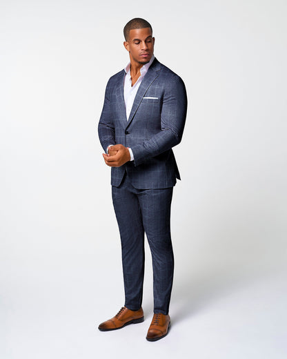 Athletic Fit Stretch Suit Pants - Textured Navy with White Windowpane