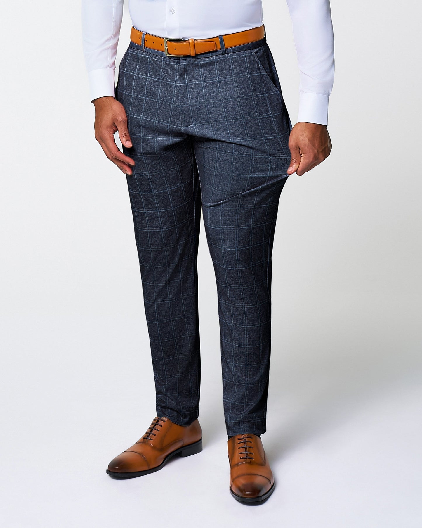 Athletic Fit Stretch Suit Pants - Textured Navy with White Windowpane